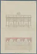 Dessin scolaire d'architecture représentant un château d'eau réalisé par Prosper Morey durant ses études aux Beaux-Arts de Paris. Paris, École Nationale des Beaux-Arts de Paris, Esq 193.