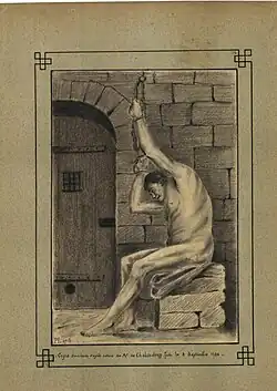 Prisonnier dessiné en 1786 par Louis Pierre Parat de Chalandray et recopié par Anjoran, l'instituteur du village, en 1899.