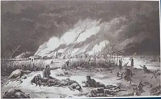 Le village et l'église de Loigny en flammes, nuit du décembre 1870.