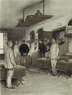 Tableau représentant des officiers vérifiant les chambres des conscrits.