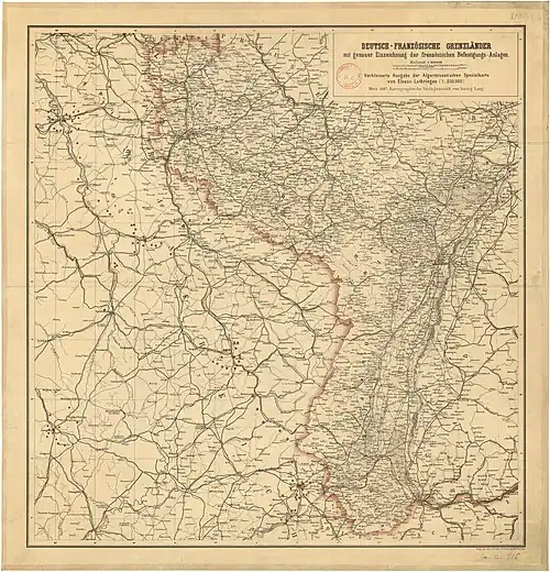Carte allemande de l'Alsace-Moselle en 1887, avec la localisation de chacun des forts français.