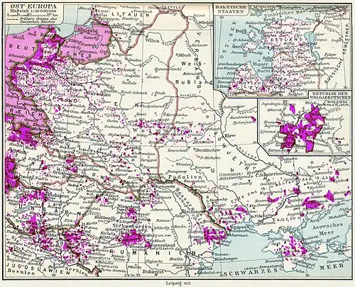 Carte ancienne présentant les zones de peuplement germanophone en Europe centrale et orientale.