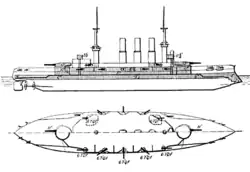 Side and top views of a large ship with a large gun turret on either end and an array of smaller guns along its side. Three tall smoke stacks stand in the center of the vessel, between two heavy masts.