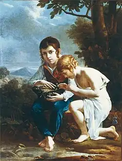 Deux jeunes enfants avec un nid d'oiseaux (Salon de 1806), localisation inconnue. Portrait de ses deux fils Prosper et Denys Benoist d'Azy.