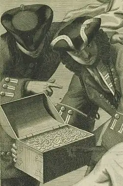 Deux soldats ouvrant un coffre rempli à ras bord de pièces