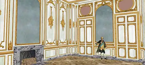 Restitution du deuxième salon, vers 1774. Vue du côté des boiseries.