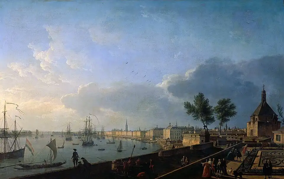 Illustration de la ville au XVIIIe&nbsp;siècle. La Garonne est envahie par de nombreux bateaux à voile. Les passants admirent ce spectacle.