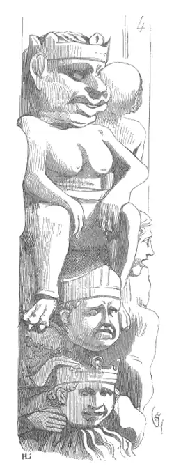 Dessin de Viollet-le-Duc du bas de la cinquième voussure à droite : une scène de l'Enfer.