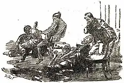 Hommes et femmes assis sur les genoux des uns et des autres et s'écroulant