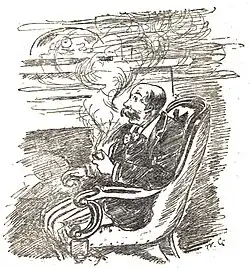 gros homme poussif assis dans un fauteuil, fumant la pipe à grosses bouffées