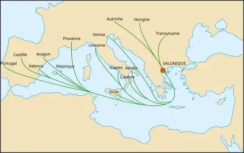 carte de l'Europe montrant les migrations depuis l'Espagne, l'Italie et l'Europe centrale vers Salonique