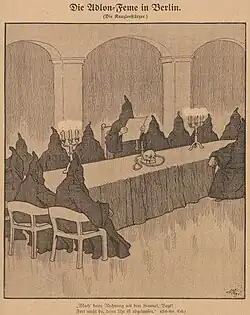 Dessin de presse montrant des individus portant une combinaison avec un cagoule pointue