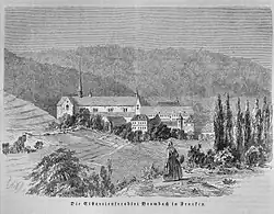 Gravure montrant des champs et une abbaye en arrière-plan.