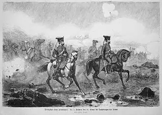 7e&nbsp;régiment de hussards du 11e&nbsp;corps d'armée en double pluie à Sedan, 1872.