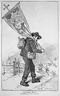 Paysan tyrolien avec une bannière de procession, gravure d'après une œuvre originale de Schmid (1887), parue dans Die Gartenlaube
