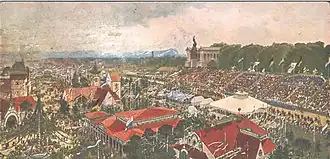 Aquarelle montrant une vue aérienne du site de l'Oktoberfest en 1930, avec la Bavaria en arrière plan et une grande tribune avec des drapeaux de la ville de Munich et de la Bavière la surplombant, sous un ciel nuageux