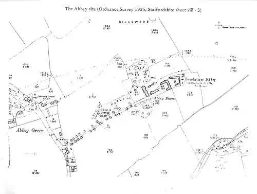 Plan en anglais, de type cadastral, montrant des bâtiments ou anciens bâtiments situéa parallèlement à une rivière.