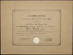 Photographie d'un diplôme de l'Académie royale des sciences, des lettres et des beaux-arts de Belgique.