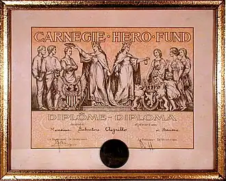 Diplôme de Carnegie Fund remis aux sauveteurs de Marcinelle