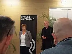 Discours de la maire Nathalie Appéré (à gauche) et du président de la SEMTCAR Matthieu Theurier (à droite) à la station Les Gayeulles.