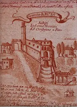 Dessin du bâtiment avec sa tour (1720).
