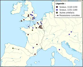 Carte représentant la distribution géographique des premiers emblèmes armoriés attestés en Europe occidentale