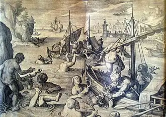 Philippe Galle, La Pêche au corail, gravure d'après Jan van der Straet (XVIIe&nbsp;siècle).