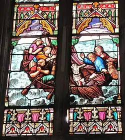 Récupération de la statue dans l'estuaire, selon le vitrail du XIXe siècle de l'église