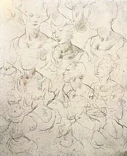 Dessin présentant 18 bustes de femme esquissés