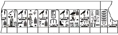 Dessin de l'inscription sur le fragment de Palerme, avec la fin du règne d'Âha à droite et le début du règne de Djer.