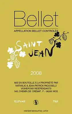 Étiquette d'un vin AOC Bellet