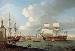 Le HMS Foudroyant rentrant à Portsmouth en 1782, en compagnie du Pégase qu’il vient de capturer.