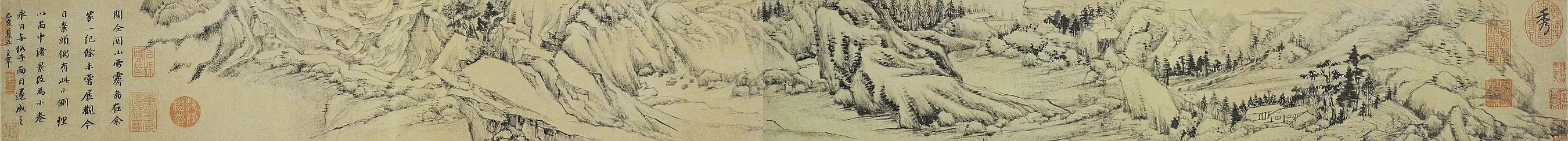 Passes dans la montagne s'éclaircissant après une neige. 1637. Rouleau portatif, dimensions de la peinture : 13 × 142 cm. National Palace Museum, Beijing.