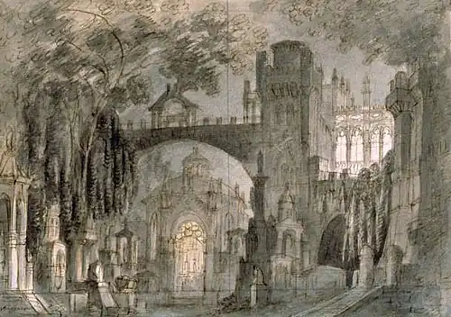 Esquisse de Francesco Bagnara pour le décor de Lucia di Lammermoor à La Fenice de Venise, Aquarelle, 18 x 27&nbsp;cm, Museo Correr.
