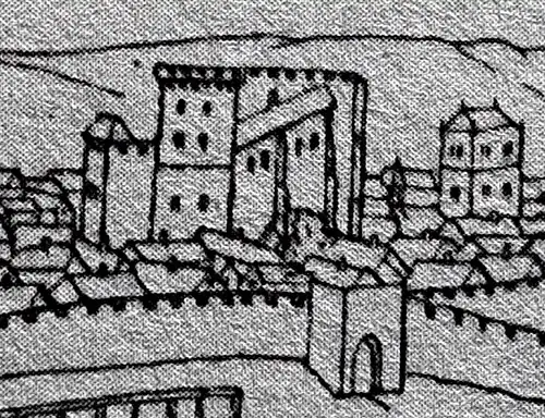 Illustration du Donjon Lacataye, extrait d'un plan du dessinateur flamand Joachim Duviert, début du XVIIe&nbsp;siècle.