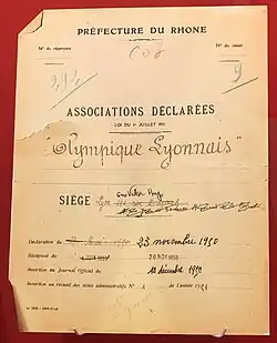 Dossier de déclaration en préfecture de l'association OL le 23 novembre 1950.