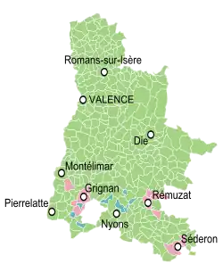 Provinces et États existant avant 1790 (vert : Dauphiné, rose : Provence, bleu : Comtat Venaissin).