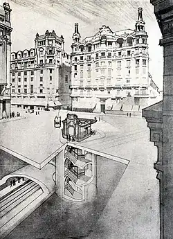 Dessin architectural en noir et blanc de l'édicule, avec une vue en coupe permettant de voir l'intérieur de la station en plus de l'extérieur