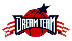 Logo composé de Dream Team écrit sur une banderole dans un fond bleu, devant un ballon de basket, celui-ci étant surmonté d'une étoile.