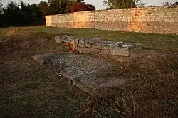 Vue de pierres en grand appareil de grès matérialisant le seuil d'entré d'un bâtiment antique.