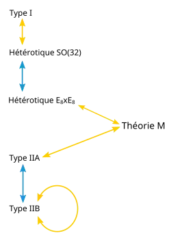 Diagramme indiquant les relations entre la théorie M et les cinq théories des cordes