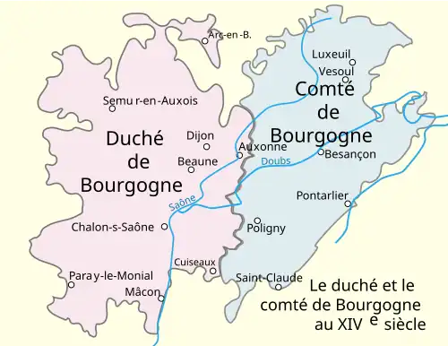 Duché et Comté de Bourgogne au XIVe&nbsp;siècle.
