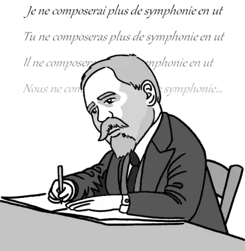 Caricature. Paul Dukas conjugue « je ne composerai plus de symphonie en ut ».