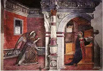 Peinture. Grosse colonne ornée au premier plan, l'ange et Marie étant placés de part et d'autre au second plan.