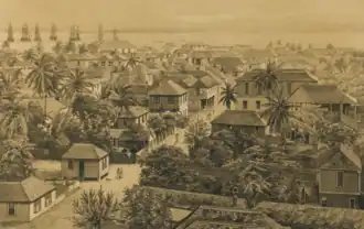 Vue de Falmouth en Jamaïque, lithographie d'après daguerréotype dans Daguerian Excursions in Jamaica, 1850.