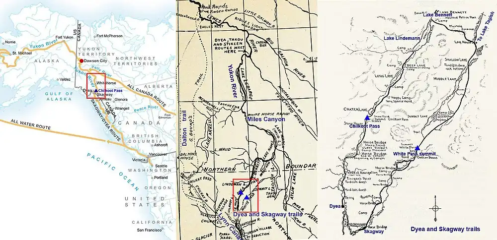 Vue d'ensemble et plus précise de la route Dyea/Skagway. Chaque cadre rouge représente un grossissement de la carte précédente. La piste Dalton est représentée à gauche de la carte centrale.