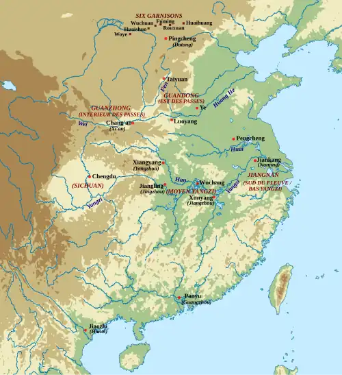 Les principales villes et ensembles géographiques de la période des Six dynasties.