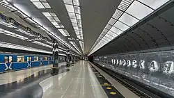 Un grand quai central avec un métro bleu à quai.