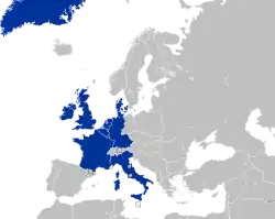 Carte montrant les États membres de la CEE en 1975.