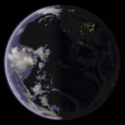 Animation gif montrant une rotation de la Terre, la moitié de la sphère étant éclairée.